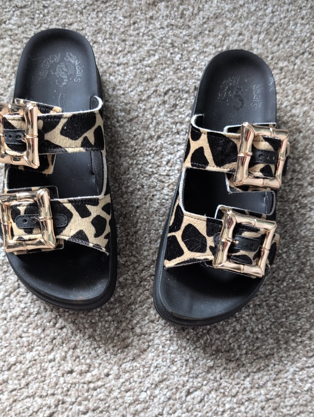Leopard Print Double-Buckle Slide Sandals in Black & Tan